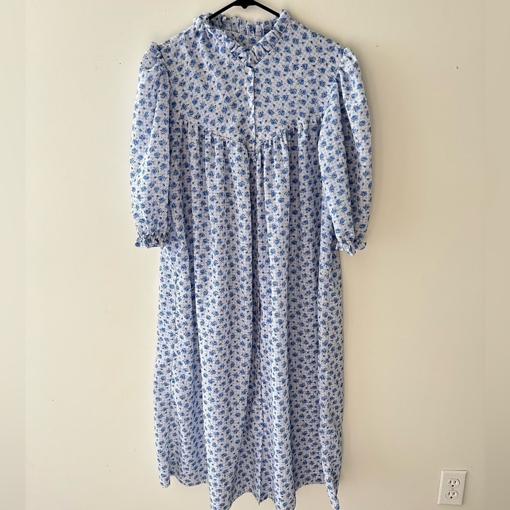 Vintage floral midi dress long sleeve prairie size L XL handmade gingham…​​​​​